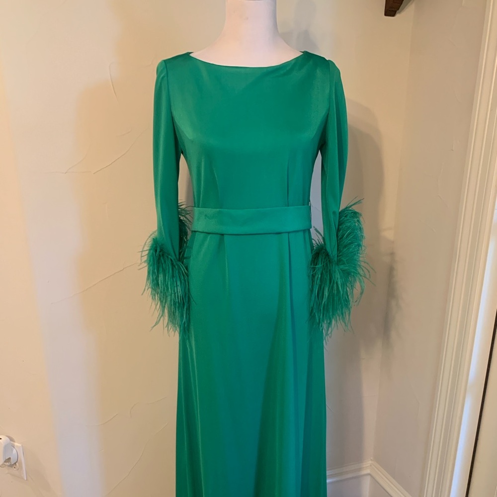 Lilli Diamond of California Green Dress with Emu Feather Sleeves, size 8-10